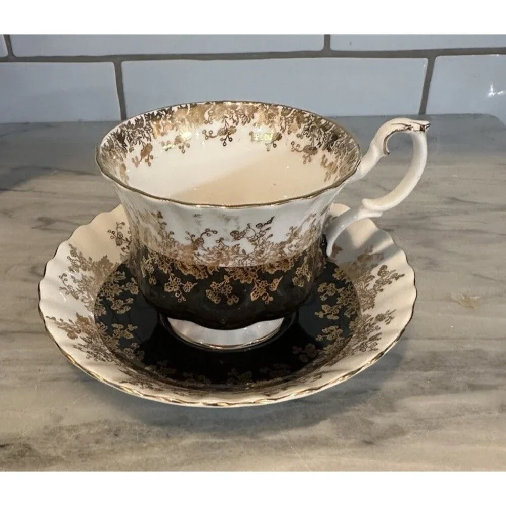 ROYAL ALBERT “Regal Series” Black White & Gold Bone China Footed Cup And Saucer
